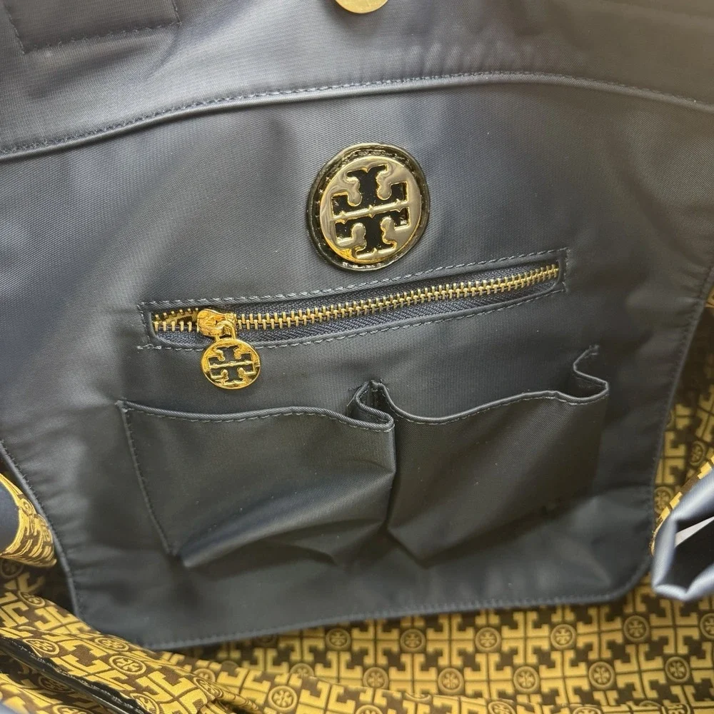 Authentic Tory Burch Black Nylon Ella Tote with Patent Logo and Gold Hardware